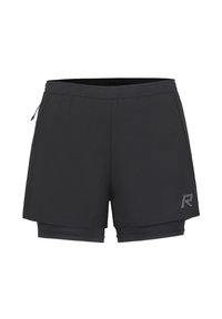 Pantaloni sportivi neri con vita elastica, rivestimento interno e logo riflettente sul lato. Tessuto liscio con un design leggero.