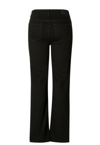 Zwarte spijkerbroek van denim met een rechte pijp, twee achterzakken en een gladde textuur. De taille is afgewerkt met een standaardband.