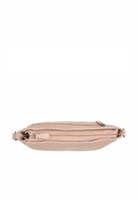 Borsa a mano in pelle rosa pallido con forma slanciata, dotata di due scomparti con zip, design piatto e texture liscia.