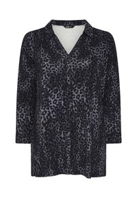 Camicia a stampa leopardata in blu scuro e nero, con chiusura a bottoni sul davanti, colletto e maniche a tre quarti. Tessuto morbido con una texture liscia.