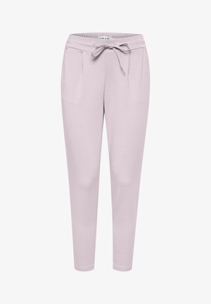 Pantaloni jogger di colore viola chiaro con cintura elasticizzata, con lacci e due tasche frontali. Realizzati in materiale morbido ed elasticizzato.