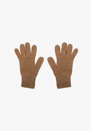 Gants en tricot marron avec des poignets côtelés, présentant un tissu texturé et un design à cinq doigts pour la chaleur et le confort.