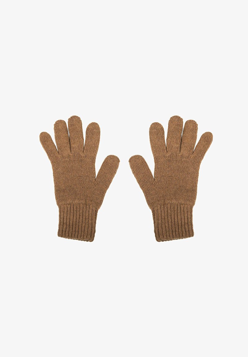 Guantes de punto marrones con puños acanalados, que presentan un tejido texturizado y un diseño de cinco dedos para proporcionar calidez y comodidad.