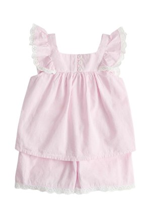 Robe rose pâle pour tout-petit avec manches volantées et boutons, associée à un short assorti orné de dentelle blanche.