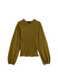 Maglietta verde oliva a maniche lunghe con corpo arricciato, scollatura tonda e orlo a volant. Presenta maniche a sbuffo e un tessuto a trama.