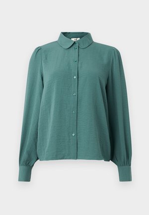 Blusa azzurra con bottoni a pallino, colletto arrotondato, maniche lunghe a sbuffo e tessuto testurizzato. Presenta bottoni simili a perle lungo la parte anteriore.