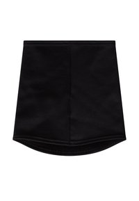 Cuello tubular de tela elástica negra con textura suave, borde inferior curvado y costuras planas para un ajuste cómodo.