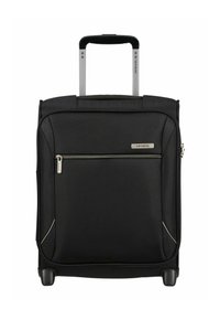 Valigia Samsonite nera da cabina con manico telescopico, tasca frontale con cerniera e due ruote alla base.