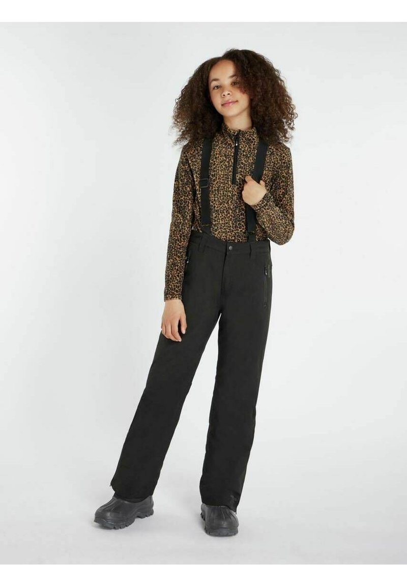 Top de leopardo de manga larga, tirantes negros y pantalones negros de corte recto. Tejido texturizado, diseño práctico y bolsillos con cremallera.