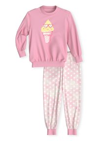 Roze sweatshirt met een ijsje graphic, en bijpassende roze pyjamabroek met witte stippen. Zacht materiaal, elastische manchetten en tailleband.