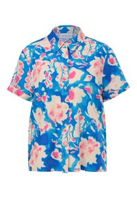 Camicia a maniche corte con motivo floreale nei colori blu, rosa e crema. Chiusura con bottoni sul davanti e colletto, dal taglio rilassato.