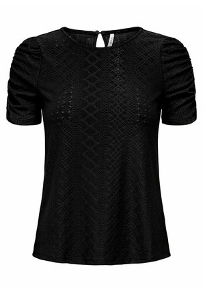 Sort top med korte pufærmer, lavet af tekstureret stof med diamantmønster og en lille nøglehulsåbning på ryggen.
