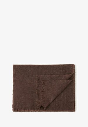 Brown woven blanket with frayed edges, rectangular shape, soft texture, and a slightly folded corner revealing the inner layer.