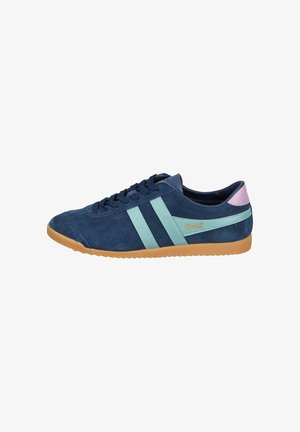 Navy blue suede sneakers with light blue stripes, pink accents, and a gum rubber sole. Features a lace-up closure and textured detailing.