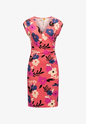 Floral dress in pink cotton with cap sleeves, V-neck, and gathered side detailing. Features purple, blue, and cream flowers with black leaves.