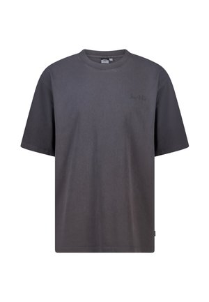 Dark gray cotton t-shirt with short sleeves, ribbed crew neck, and "Stay Wild" text in a subtle font on the upper left side.