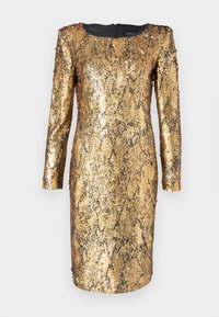 Vestido dourado com lantejoulas, mangas compridas, corte até ao joelho, decote redondo e forro interior preto liso. Superfície texturada e atraente.