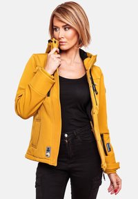 Yellow zip-up jacket with a hood, featuring black accents and multiple pockets. Made of textured material with a fitted design.