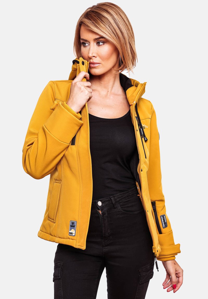 Yellow zip-up jacket with a hood, featuring black accents and multiple pockets. Made of textured material with a fitted design.