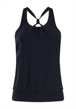 Navy sports tank top with striped pattern, featuring a gathered detail at the front, racerback straps, and a rounded hem.