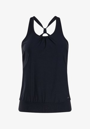 Top deportivo navy con patrón de rayas, que presenta un detalle fruncido en la parte frontal, tirantes estilo racerback y un dobladillo redondeado.