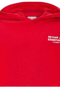 Felpa rossa con cappuccio con cordino, tessuto morbido, tasca frontale e testo stampato in bianco: "RETROU J'ESSENTIAL IT STARTS."