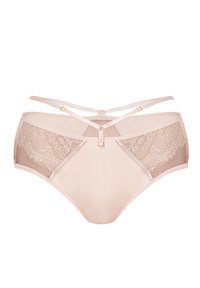 Beżowa bielizna z wysokim stanem, z kwiatowymi koronkowymi panelami bocznymi, przezroczystymi akcentami oraz skrzyżowanymi ramiączkami z złotymi detalami.