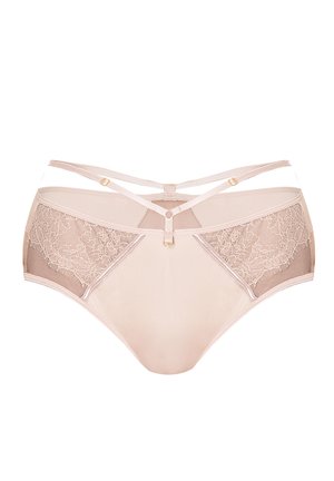 Beżowa bielizna z wysokim stanem, z kwiatowymi koronkowymi panelami bocznymi, przezroczystymi akcentami oraz skrzyżowanymi ramiączkami z złotymi detalami.