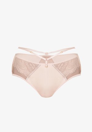 Beżowa bielizna z wysokim stanem, z kwiatowymi koronkowymi panelami bocznymi, przezroczystymi akcentami oraz skrzyżowanymi ramiączkami z złotymi detalami.