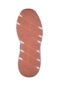 Alapnézet egy tornacipő talpáról, narancssárga gumis felülettel, amelyet barázdák és fehér részletek díszítenek, a "Kangarooos" márkanevével.