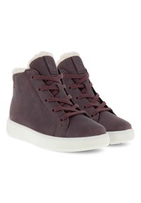 Sneakers high-top bordeaux in pelle con colletto foderato in pelliccia, dotati di chiusura con lacci e suola in gomma bianca.
