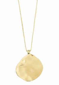Gouden ketting met een grote, onregelmatige, geslagen gouden schijf als hanger die aan een eenvoudige lus hangt.