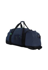 Marineblaue Duffel-Tasche mit schwarzen Akzenten, aus strapazierfähigem Material. Verfügt über doppelte Griffe, eine mit Reißverschluss verschließbare Fronttasche und ein auffälliges Logo.