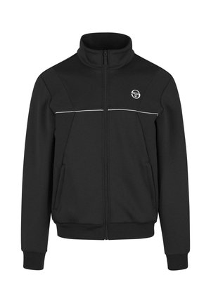 Czarna kurtka zapinana na zamek z wysokim kołnierzem, biała pozioma tasiemka na klatce piersiowej, kieszenie boczne oraz małe okrągłe logo na lewej piersi.