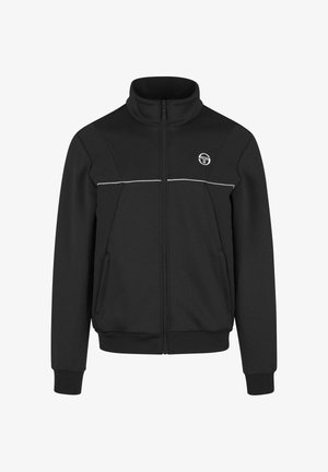 Veste noire zippée avec col montant, bande horizontale blanche sur la poitrine, poches latérales et petit logo rond sur le côté gauche de la poitrine.