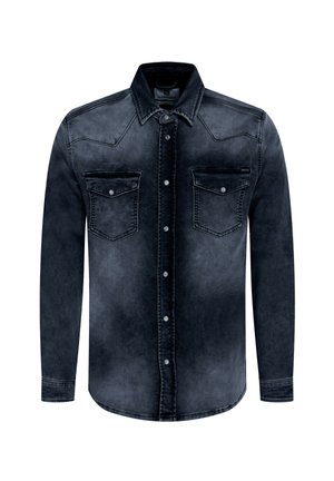 Dark denim shirt with long sleeves, snap buttons, two chest pockets, and western-style yoke seams. Faded texture throughout.