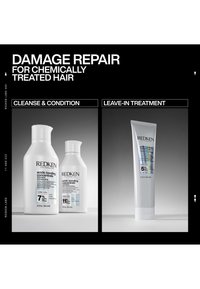 Due bottiglie Redken etichettate shampoo e balsamo sotto "cleanse & condition" e un tubo etichettato trattamento leave-in per capelli trattati chimicamente.