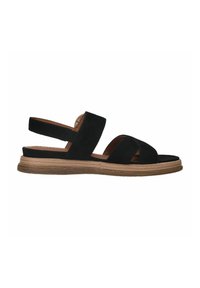 Zwarte suede sandaal met een lage houten zool, voorzien van kruisschoenen en een verstelbare rugriem voor een veilige pasvorm.