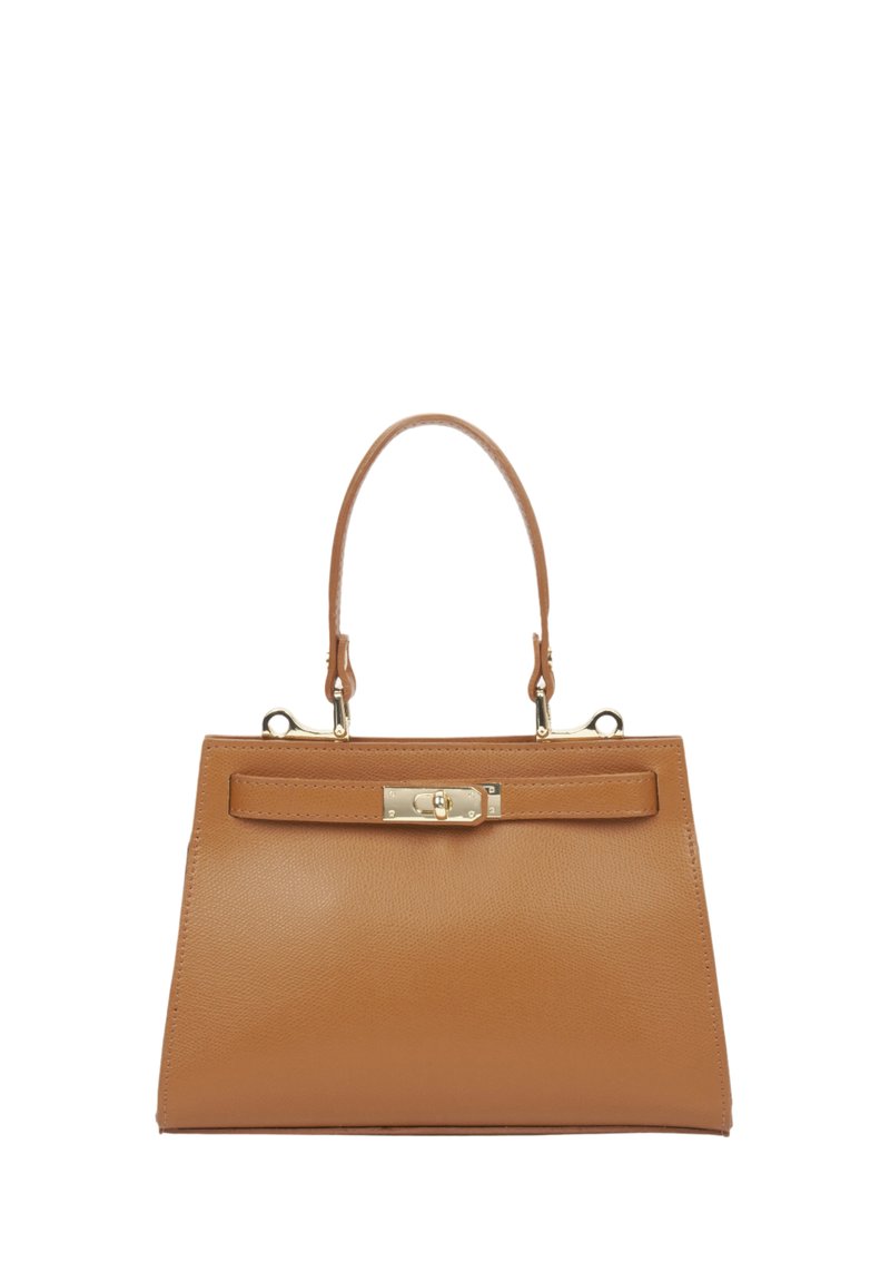 Tan leren handtas met een gestructureerde vorm, voorzien van een bovenhandvat, gouden hardware en een elegante sluiting aan de voorkant.