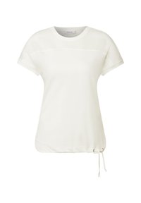 Chemise blanche à manches courtes avec panneaux en mesh sur les épaules, cordon à l'ourlet et coupe décontractée. Texture lisse, design casual.