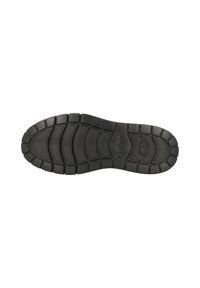 Suola di scarpa in gomma nera con una superficie testurizzata, caratterizzata da scanalature multidirezionali e un logo in rilievo ben visibile. Design durevole e flessibile.