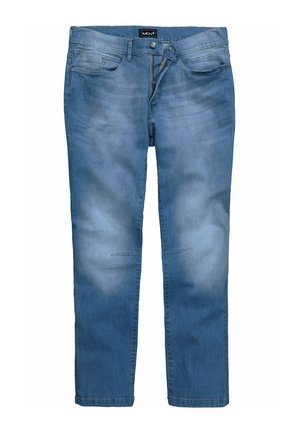 Jeans in denim blu con una finitura sbiadita, gambe a taglio dritto, cinque tasche e chiusura con bottone. Dettaglio di cuciture sobrie sulle ginocchia.