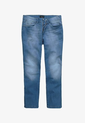 Blauwe spijkerbroek van denim met een vervaagde afwerking, rechte pijpen, vijf zakken en een knoopsluiting. Subtiele stiksels bij de knieën.