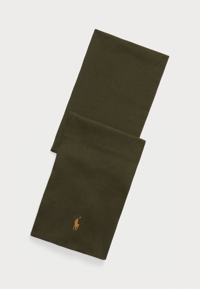 Donker olijfgroene sjaal gemaakt van zachte stof, met een opvallende gouden logo borduring. Eenvoudig ontwerp met schone randen.