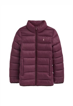 Maroon padded jacket with front zipper, stand collar, side pockets, and small embroidered logo on the left chest.
