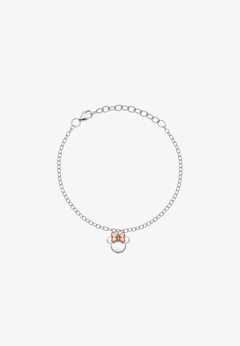 Bracelet en chaîne en argent avec un charm rond arborant un design de nœud en or rose. La chaîne est équipée d'un fermoir à homard pour un maintien sécurisé.