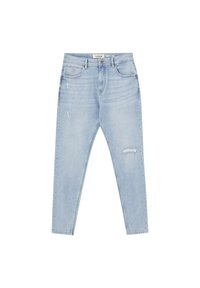 Jeans de mezclilla azul claro con un ajuste Slim, cintura de altura media, detalles de desgaste y acentos desgastados en las rodillas.