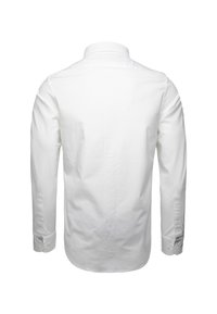 Camicia bianca a maniche lunghe in cotone morbido, con colletto classico, polsini con bottone e design dritto sul retro. Stile minimalista, senza motivi.