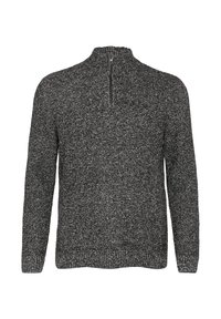 Dunkelgrauer Pullover mit hohem Kragen und kurzem Reißverschluss. Aus strukturiertem Strickstoff gefertigt, mit einem gesprenkelten Muster durchgehend.