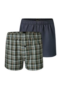 Set van boxershorts met een effen donkergrijze broek en een groen geruit broek met witte en oranje accenten. Elastische tailleband bij beide.